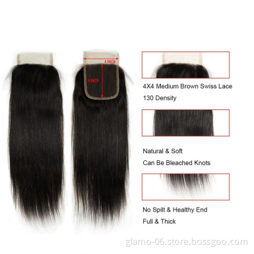 virgin hair straight style 4x4 natural hairline brazilian lace closure with hair bundles